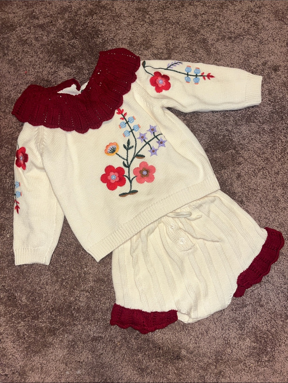 Cream & Red Floral Knit Baby Set with Ruffle Collar